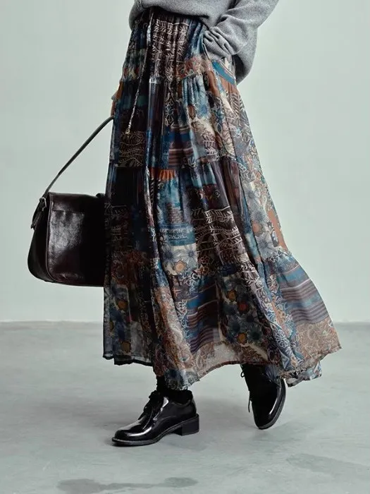Ele บทคัดย่อพิมพ์ผ้าไหม f กระโปรง Vintage อเนกประสงค์ Draped Midi กระโปรงผู้หญิงฤดูร้อน 2025 ใหม่มาถึง