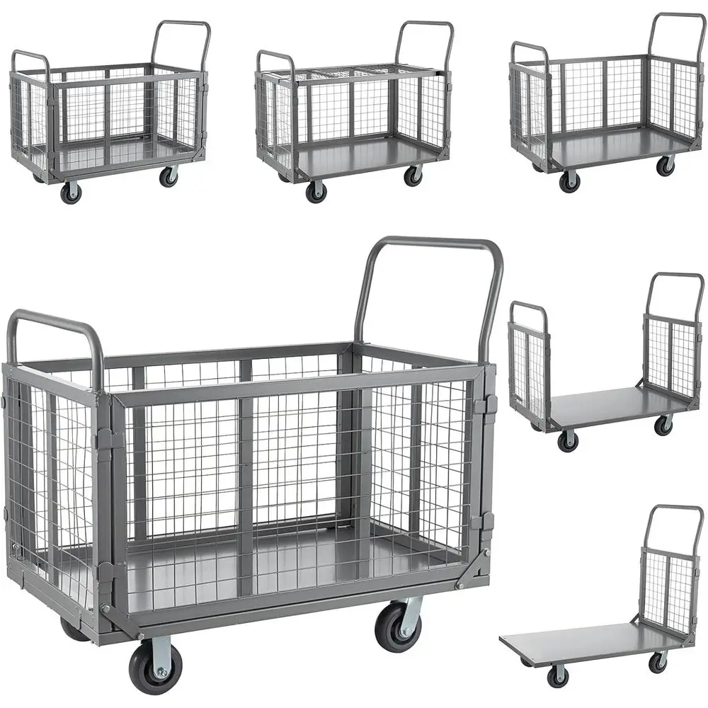 5-in-1 Heavy-Duty Platform Cart with Cage, 2000 lbs Capacity, Durable Push Cart Dolly for Groceries, Garage, Warehouse