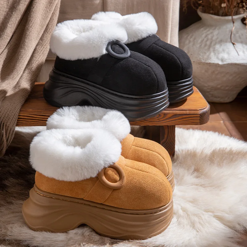 Fluffy snow boots winter plush shoes women's thick sole slip on booties woman furry platform mules clogs ladies boot slippers