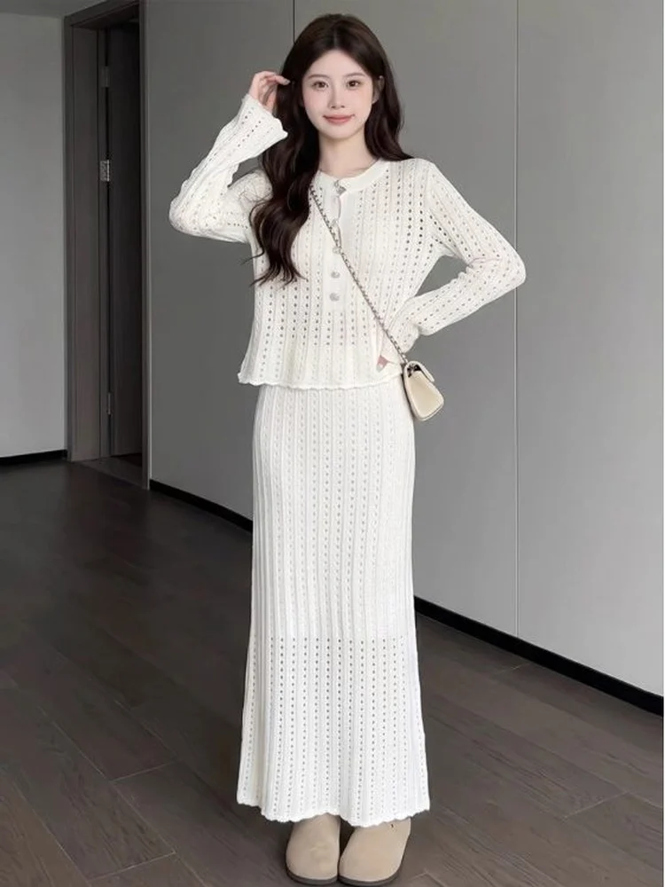 Autumn Winter Women's Fashion Knitted Sweater Skirt Set Two-Piece Ensemble Chic Stylish Breathable Polyester Inner Universal Fit