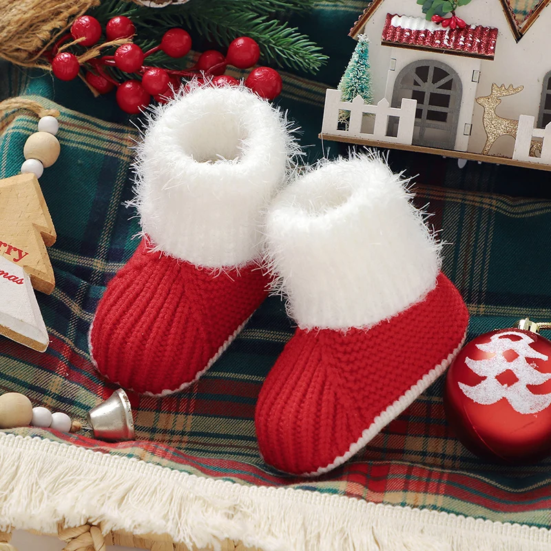

Red Christmas Baby Booties Knitted Newborn Boy Girl First Walker Shoes Anti-Slip Knitted Infant Kids Prewalkers Toddler Footwear