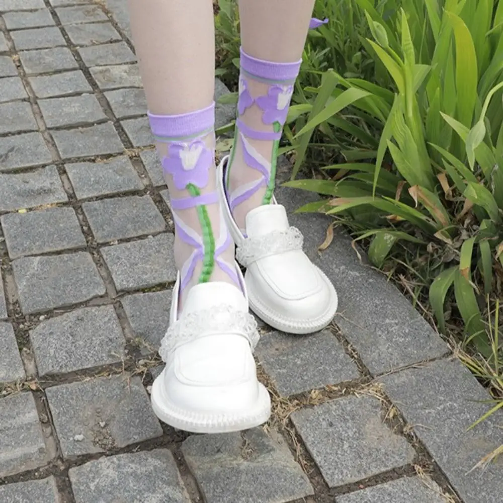 Breathable Sweat-absorbent Wearproof Simple Women Glass Silk Socks Flower Calf Socks Korean Style Hosiery Transparent Socks