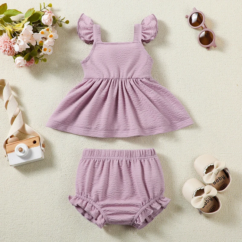 

3-24M Infant Baby Girls Summer Outfits Solid Color Fly Sleeves Tank Tops and Elastic Ruffles Shorts Set Fashion Casual Clothes