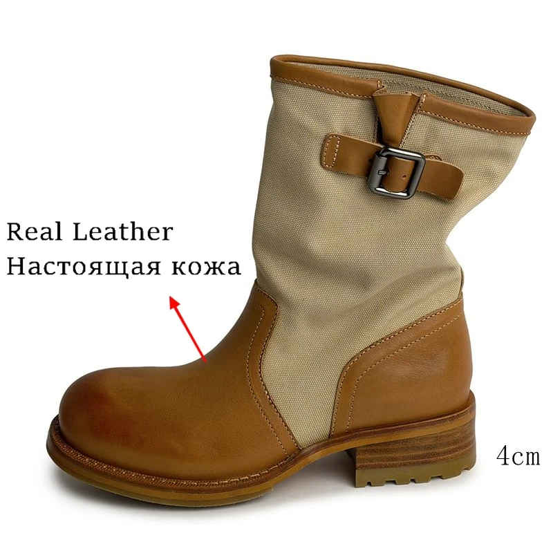 ANOVISHANA Brown Full Genuine Leather Women Mid Calf Boots Round Toe 4cm Thick Heeled Slip On Mixed Color Splicing Casual Botas