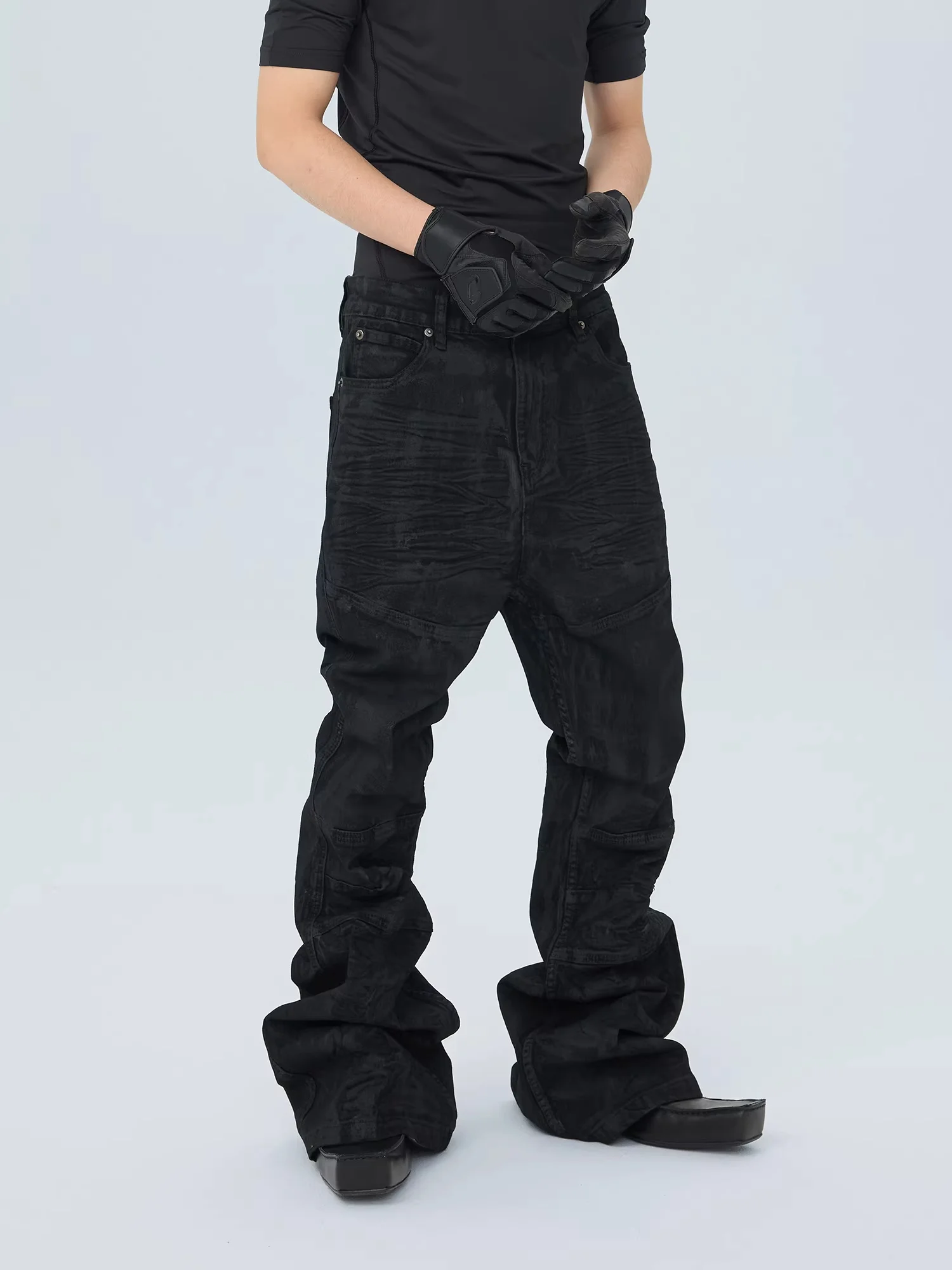 

Owen Seak Men‘s Oil wax Jeans Classic Denim Gothic Men Coated Casual Flared Trousers High Street Solid Designer luxury Pants