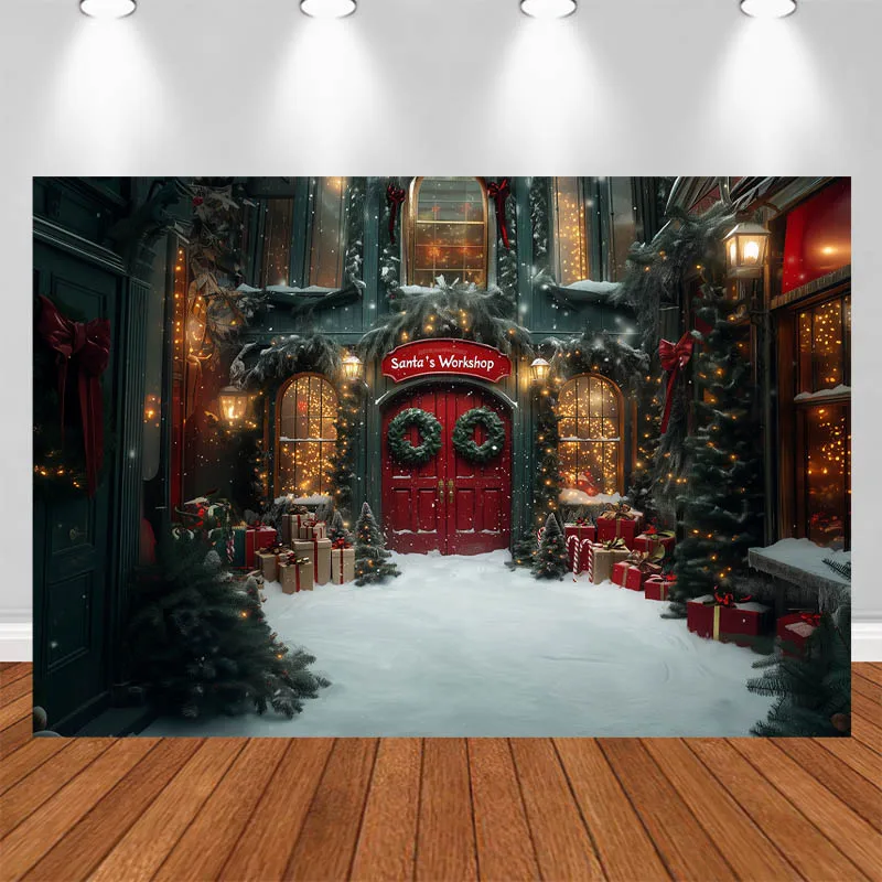 LS Xmas Photography Background Red Wooden Door Christmas Wreath Decor Adult Kids Portrait Photo Backdrop Studio