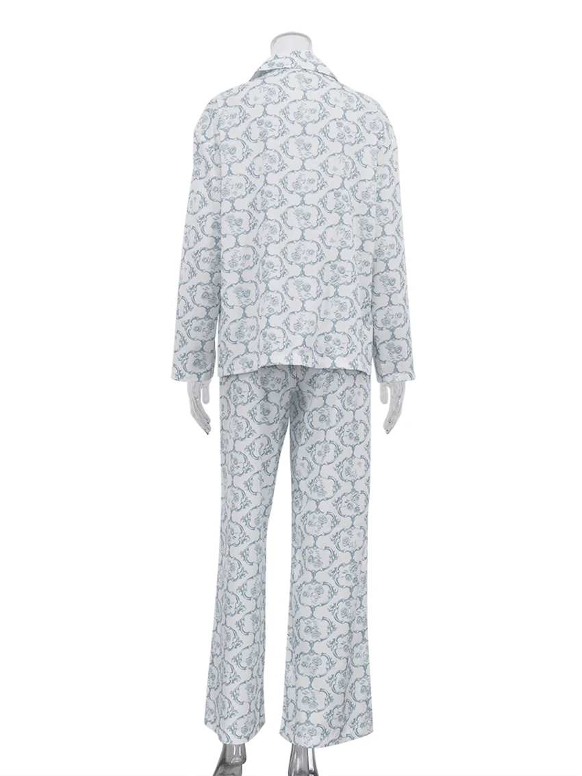 Marthaqiqi Winter Ladies Sleepwear Set Long Sleeve Nightgowns Turn-Down Collar Pajama Lace Up Nightwear Pants Femme Nightie Suit