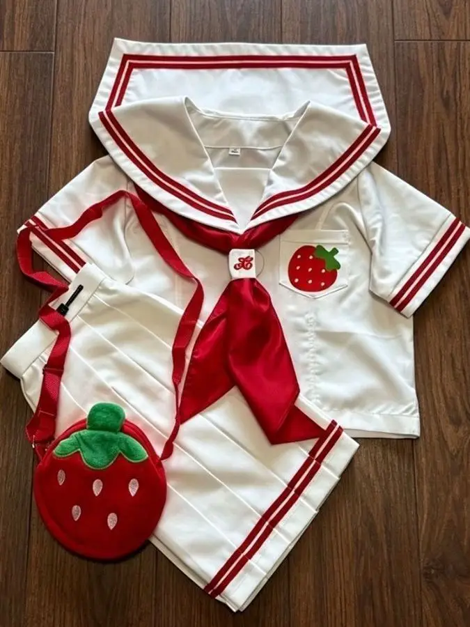2026 Anime JK Uniform Strawberry Embroidery Short Sleeve Sailor Suit School Style Waist Cinched White Red Plaid Skirt Set image 5