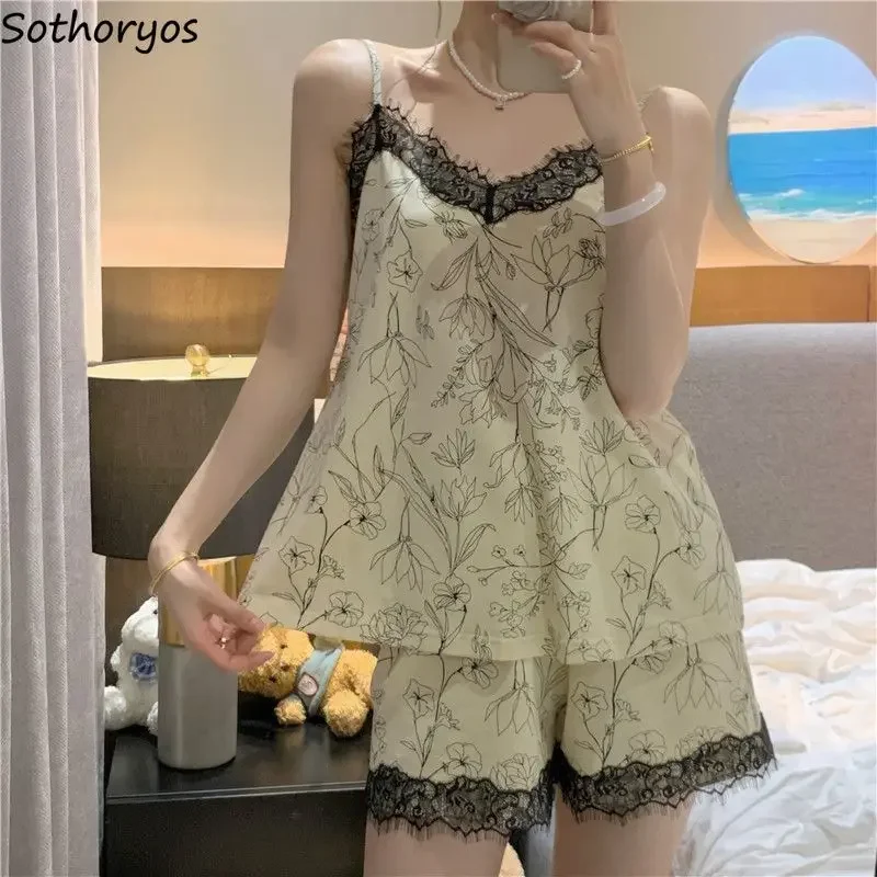 Pajama Sets Women Flowers All-match Daily Creativity Basics Leisure Home Korean Style Gentle Charming Special Ladies Hotsweet