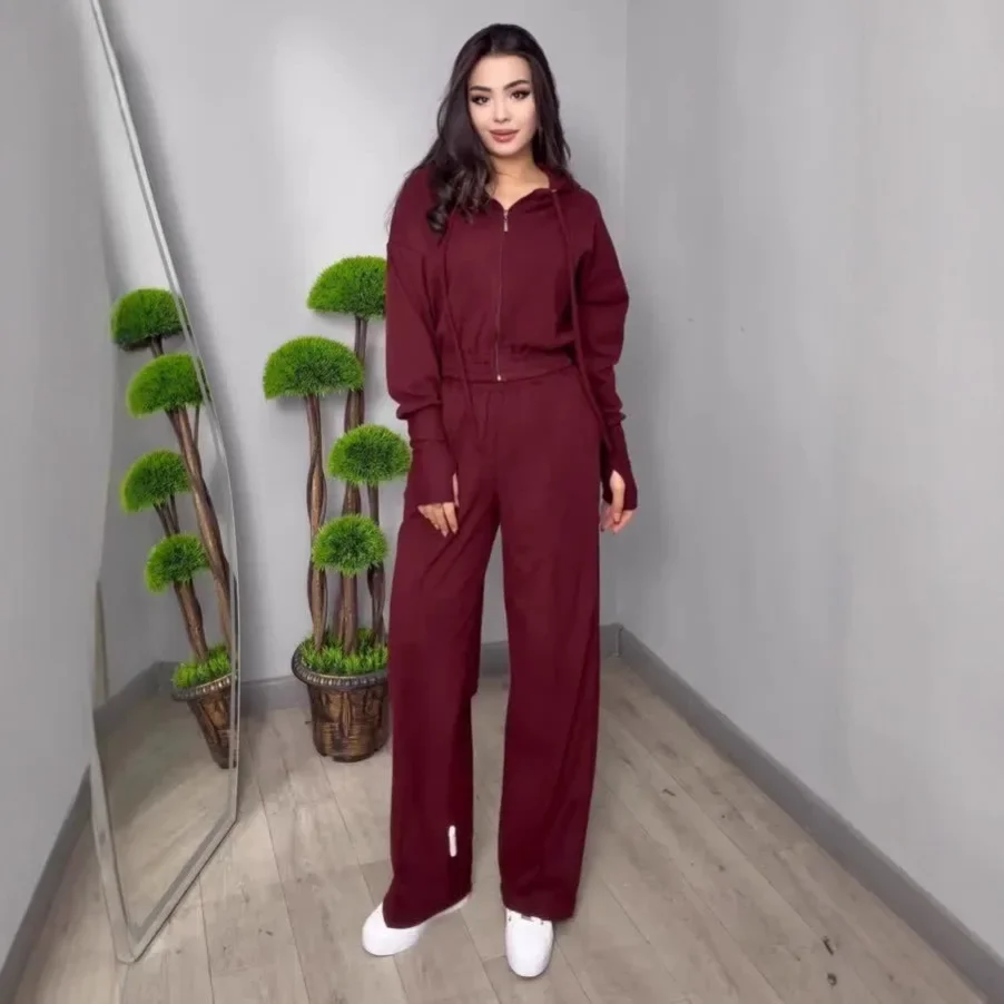 

2026 New Women Hooded Zipper Sportswear Suit Pocket Wide Leg Pants Two Piece Set Casual Multi Colors Optional