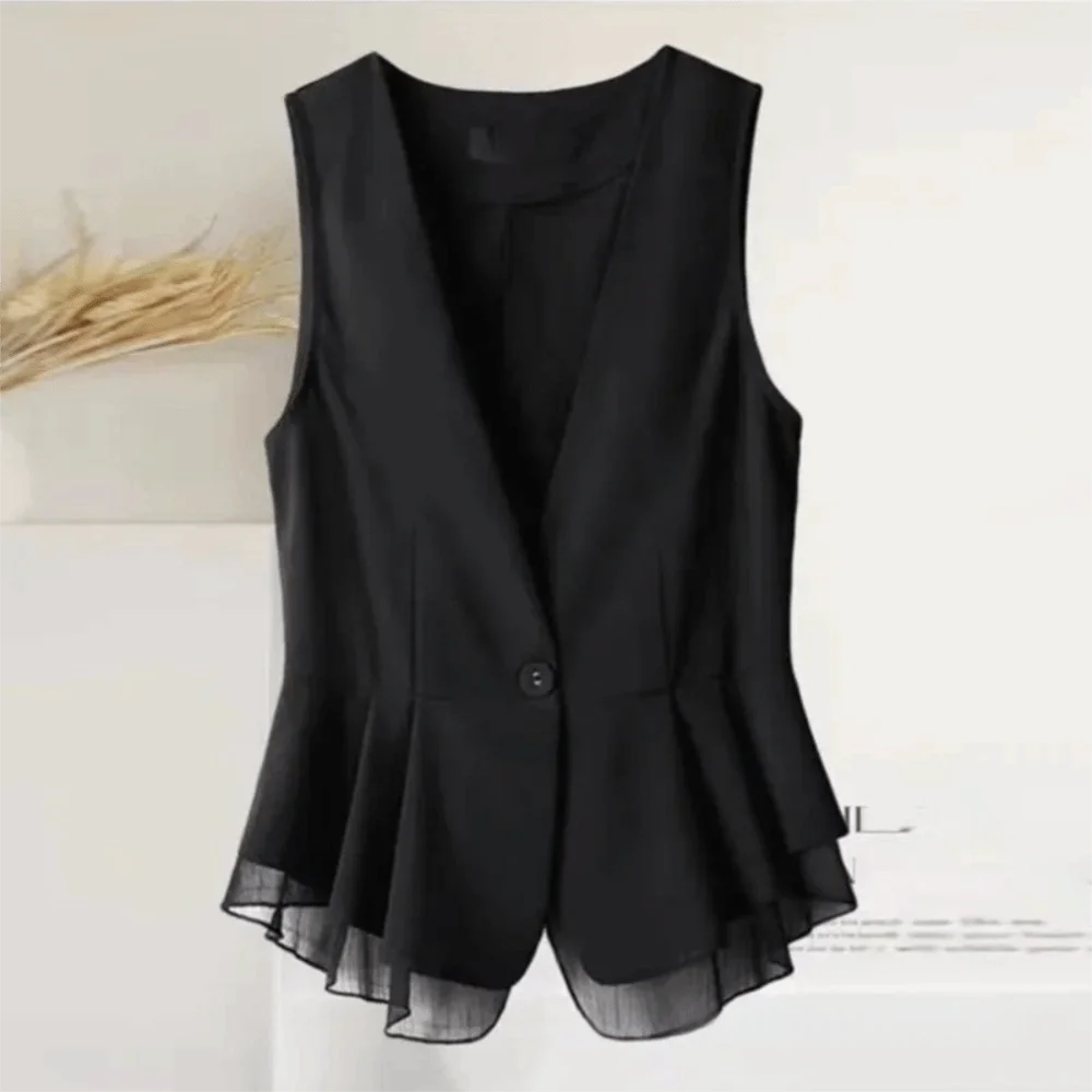 Modische V-Ausschnitt Damen Weste Top Mesh Rüschen Sommer Kurze Anzugweste Schlanke Passform Dünne Ärmellose Weste Damen/Mädchen – Detail 9