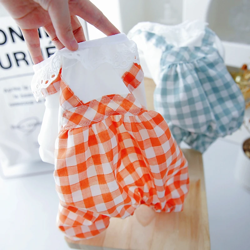 Lace Collar Dog Jumpsuit Pajamas White Shirt With Plaid Pants Summer Spring Indoor Overall XS XL Orange Green Pet Apparel Supply