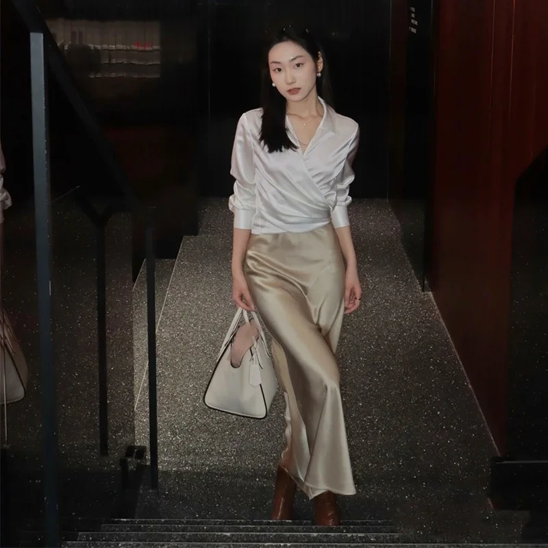 

Gold Godd~Silky Smooth Acetate Satin f Skirt with Slit Fi Tail Design for Women Commute A-Line Midi Skirt