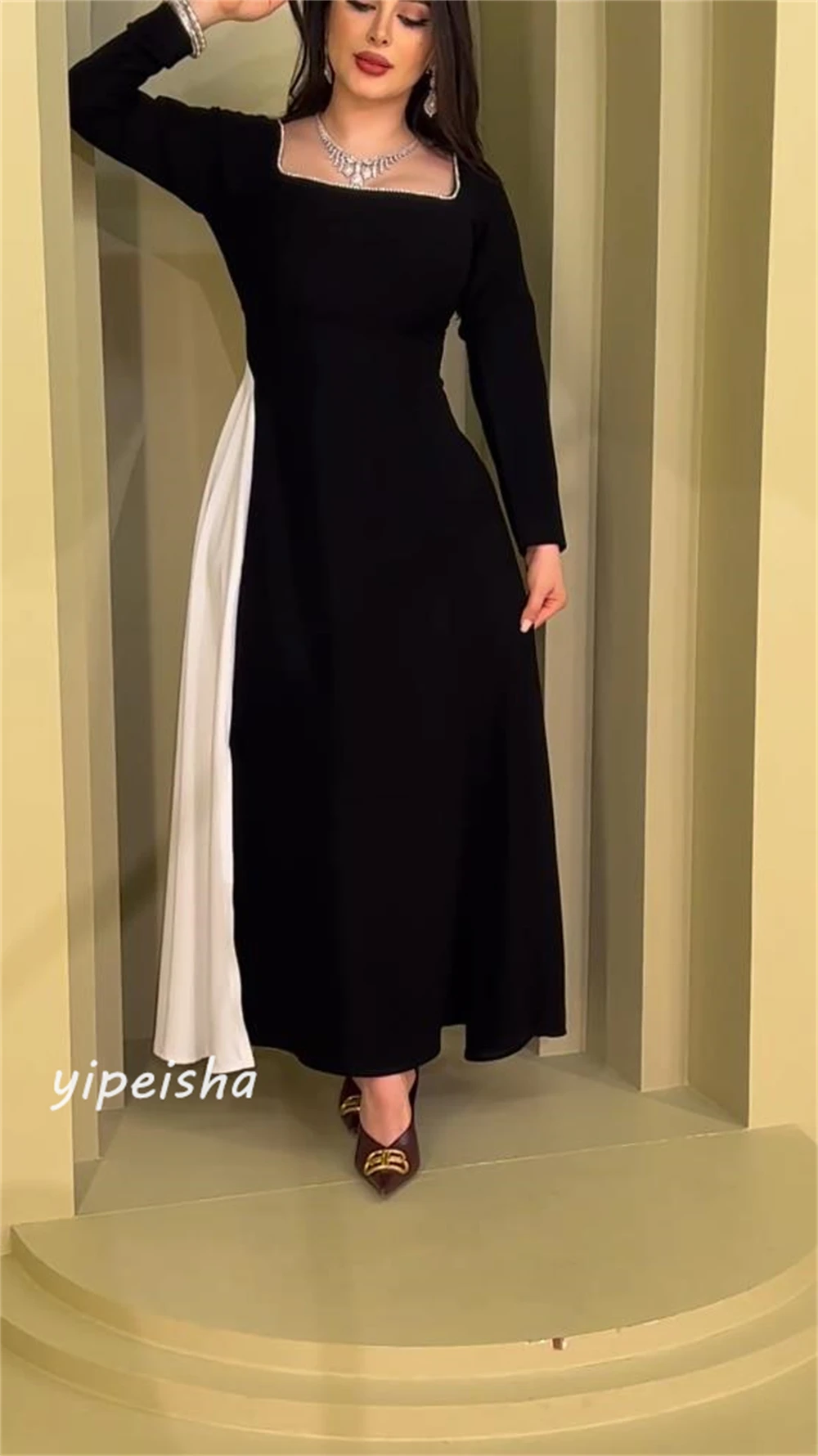 Jersey Draped Pleat Christmas A-line Square Collar Bespoke Occasion Gown Midi Dresses