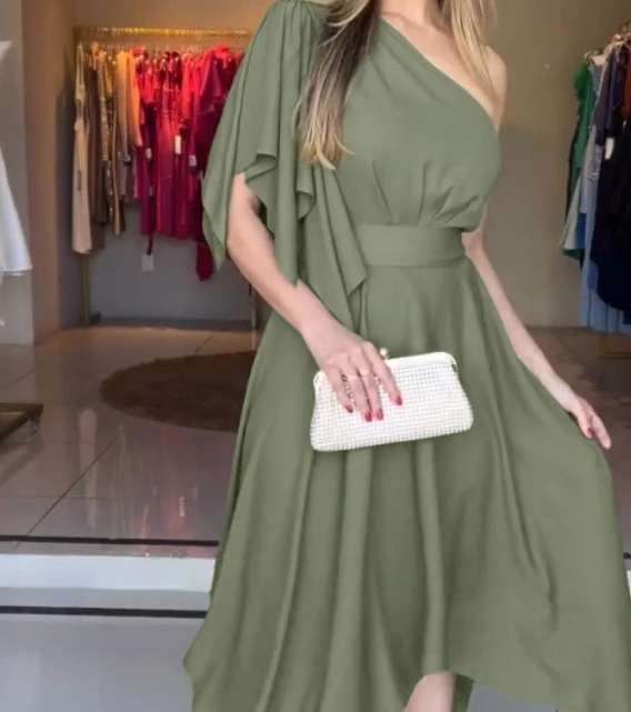 Um ombro assimétrico manga laço vestido de festa casual zíper lateral cintura cinched assimétrica bainha maxi vestido com cinto