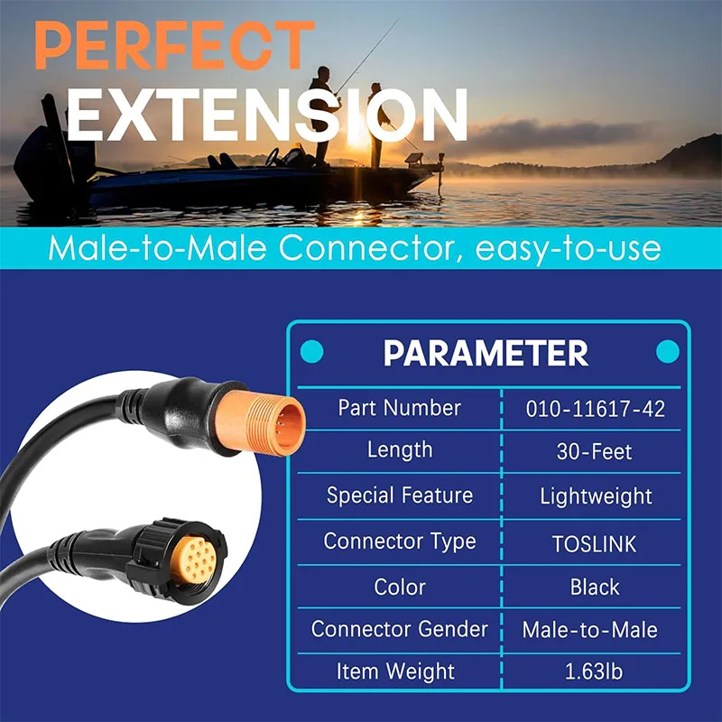 30FT Transducer Extension Cable for 010-11617-42, 12-Pin Durable Marine-Grade Cable, for Garmin GT GCV GPSMAP GSD Striker Series
