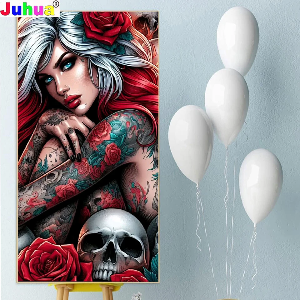 Tattoo Flower Skull Woman Diy Diamond Painting New 2024 Full Diamond Mosaic Embroidery Craft Set Halloween Gift,Home Decor ﻿