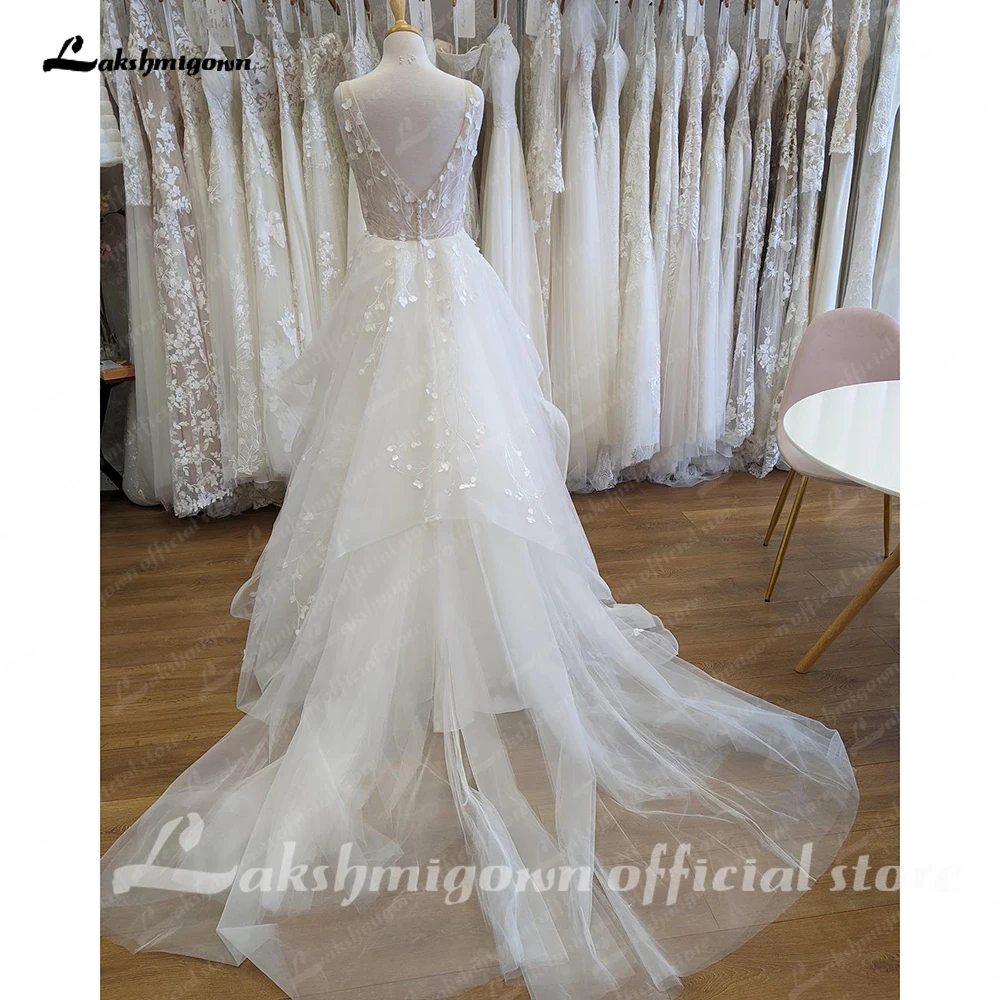 Lakshmigown Ruffles Princess Wedding Dresses 2024 V Neck Luxury Lace Bridal Wedding Gowns vestido de novia corte sirena