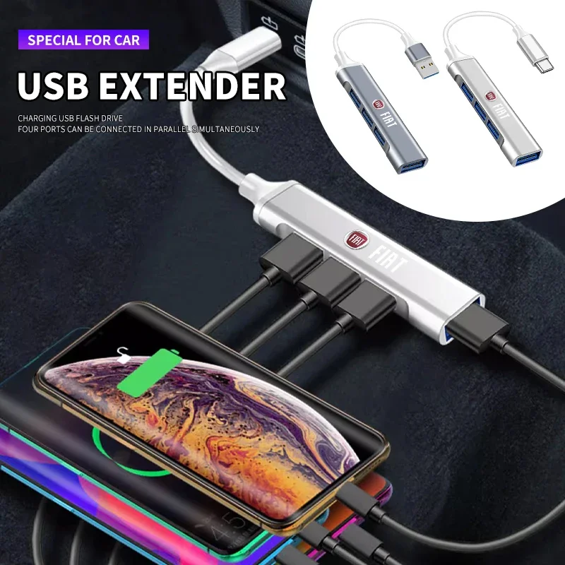 Convertidor USB tipo C a 4 en 1 para coche, adaptador de carga, Cable de alimentación para FIAT Abarth 500 Pulse Panda Tipo Strada 600 500L Mobi