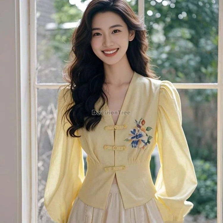 Chemise d'aviation à manches longues et col en V, costume de style chinois, bouton de disque jaune, jupe imprimée, ensemble tang 2 pièces, 600, B240, 2024