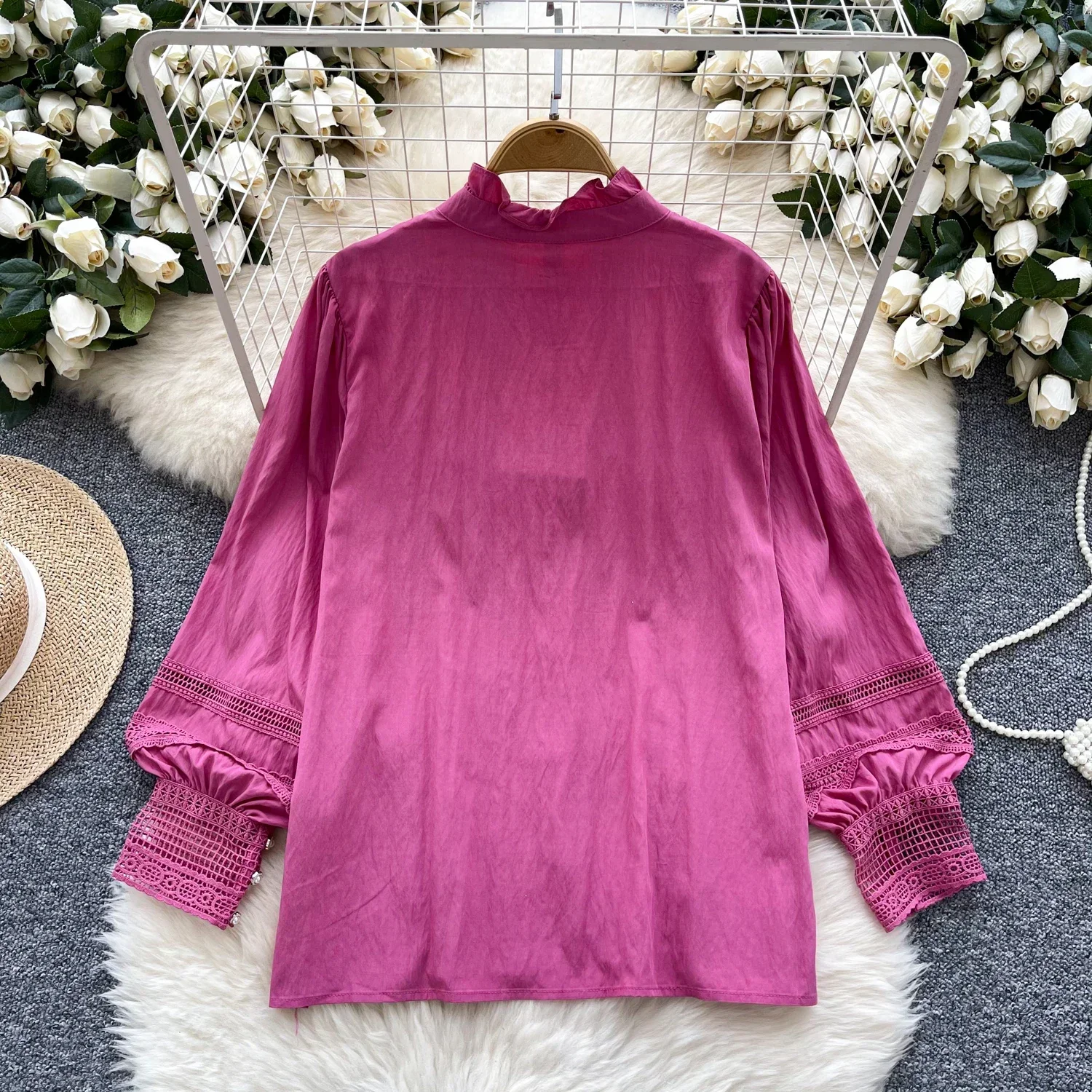 Chic Vintage Stand Collar Lace Spliced Long Lantern Sleeve Casual Single Breasted Shirt Loose Women Basics High Street Blouse