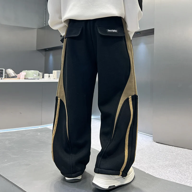 Korean Kids Winter Fleece-Lined Sports Pants with Side Stripes For Boy Stylish Warm Insulated Trousers Child Thermal Sweatpants