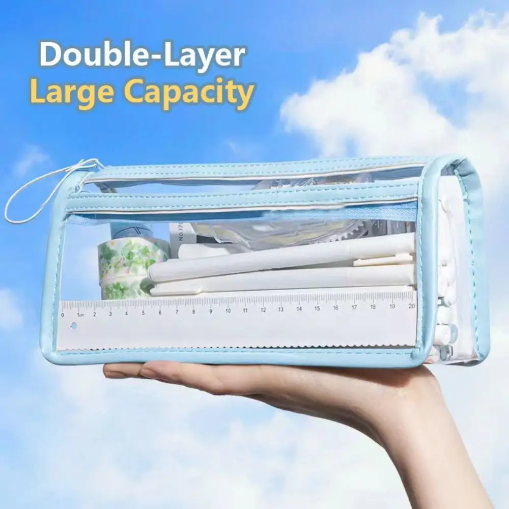 Double-Layer Large Capacity Pen Bag Student Transparent Waterproof Stationery Bag Portable Pencil Case Stationery Organizer