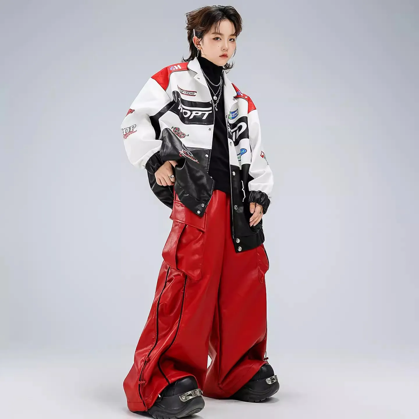 Motorcycle Style Jacket Top Red Cargo Pants Boys Suit Hip Hop Jazz Dance Costumes Practice Street Dance Wear Clothing DQL12159