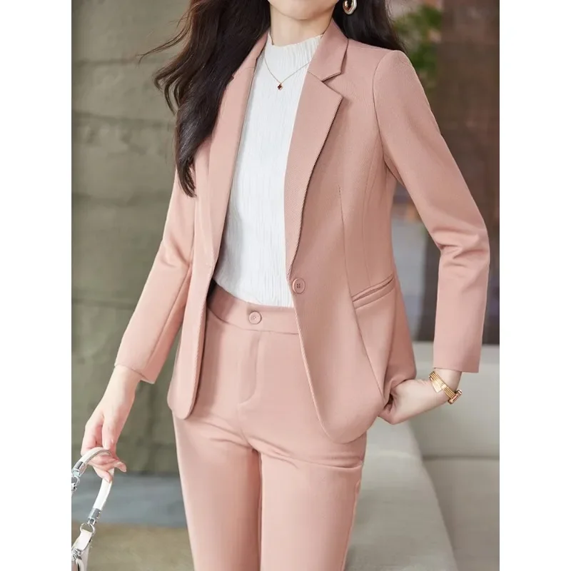 Pink Blue Black Formal Women Blazer and Pant Suit Ladies Female Business Work Wear Jacket Trouser 2 Piece Set For Autumn Winter