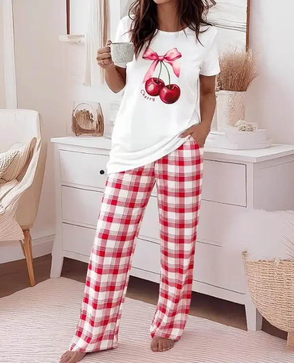 

2 Pieces Outfit Cherry & Bowknot Print Short Sleeve Top and Plaid Print Elastic Waist Pants Set Casual Pajamas Set