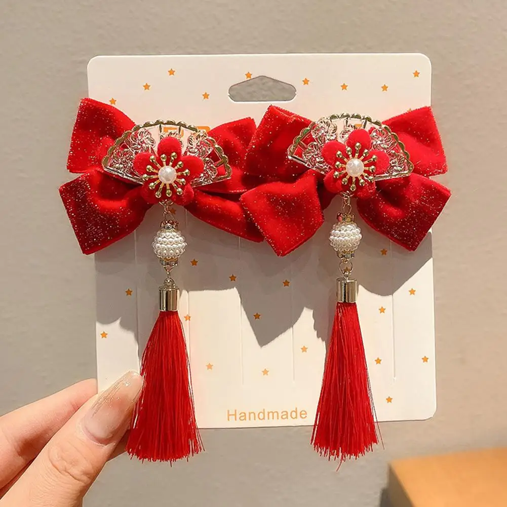 

Kids New Year Hair Clips Chinese New Year Headwear Tassel Plush Ball Hanfu Hair Bun Princess Girl Sided Clips Accessory Gift