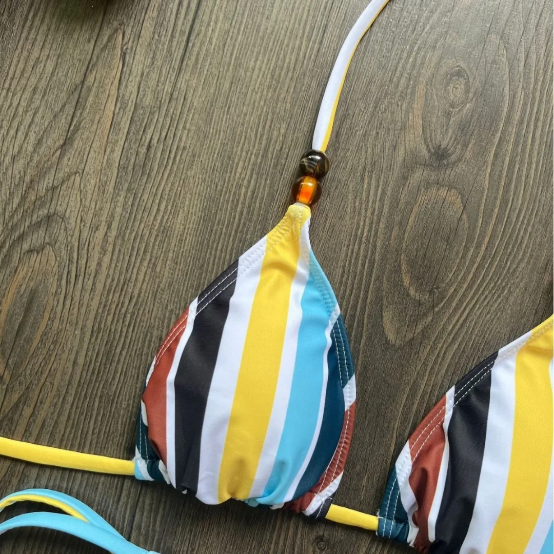 Neuer gestreifter Neckholder-Bikini, Damen-Badeanzug, zweiteiliges Bikini-Set mit hohem Beinausschnitt, Badebekleidung, Badeanzug, Schwimmanzug V8500 – Detail 7