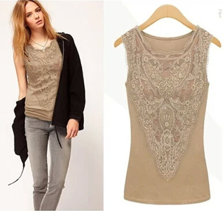 Women New Fashion Sleeveless Lace Stitching Stretch Shirt Plus Size Blouse womens tops and blouses