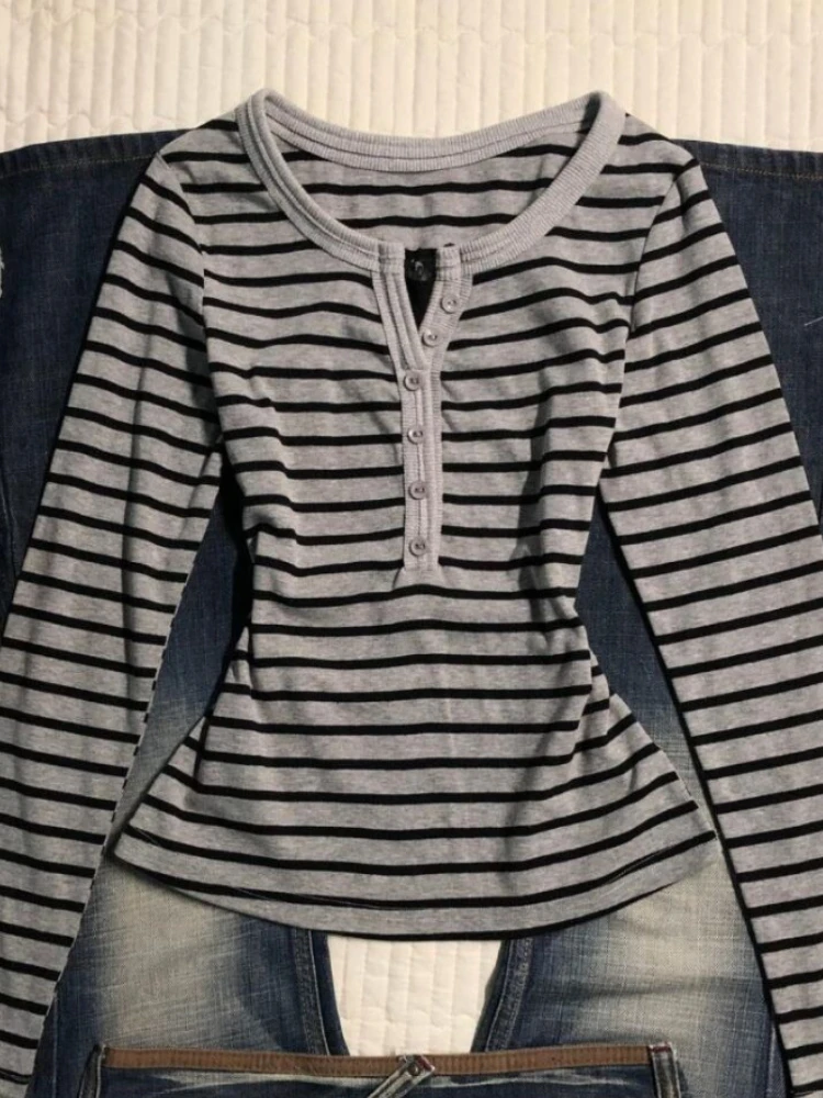 HOUZHOU 빈티지 스트라이프 티셔츠 고딕 하라주쿠 일본 스타일 긴팔 티셔츠 그런지 패션 슬림업 티셔츠 스트리트웨어