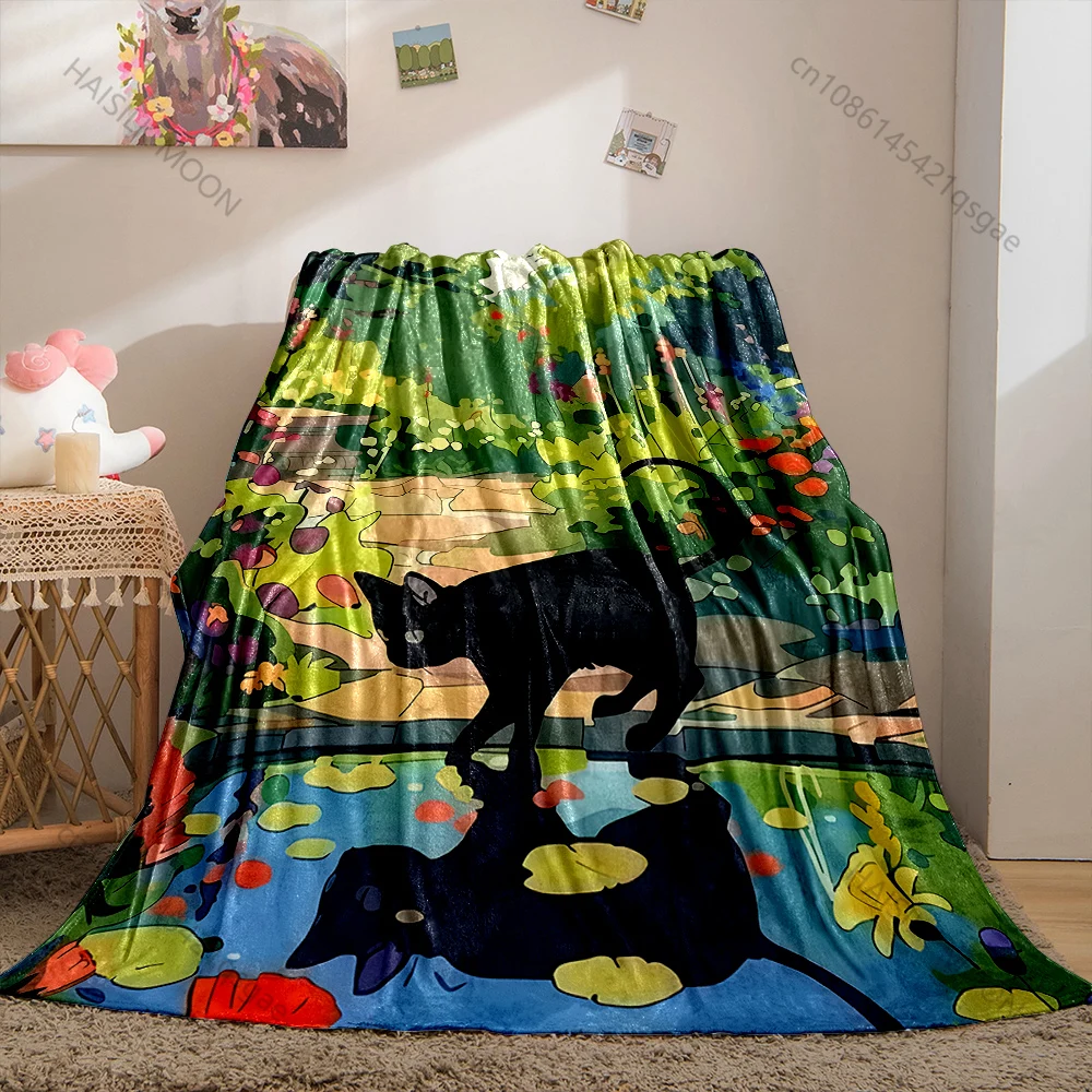 Black cat reflection at garden pond Print Blanket Warm Soft Fluffy Kids Adult Sofa Bed Throw Blanket Outdoor Travel Camping RV