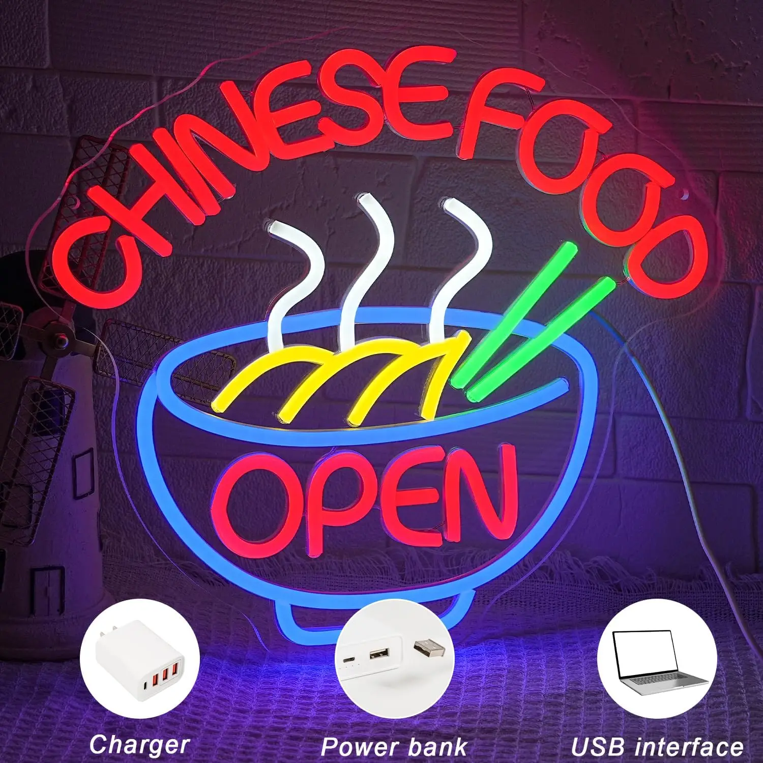 CHINESE FOOD Neon Sign Ramen Neon Light Open LED Dimmable for Restaurant Business Store Shop Kitchen Home Room Wall Decor
