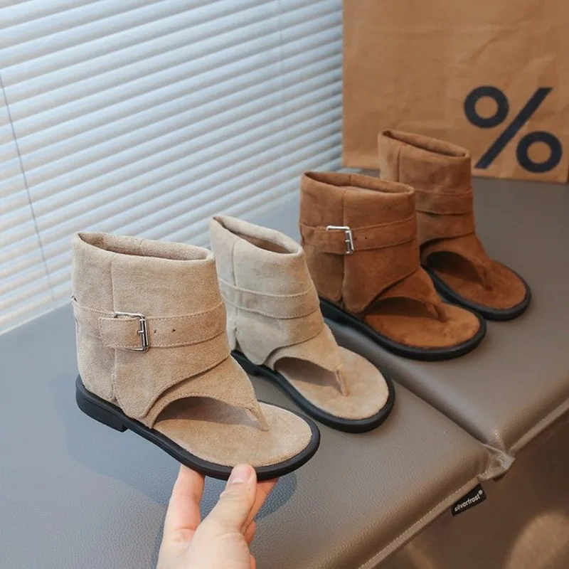 Children's Summer Open Toe Boot Sandals - Suede Leather Thong Adjustable Buckle Strap Non-Slip Casual Gladiator Shoes for Kids