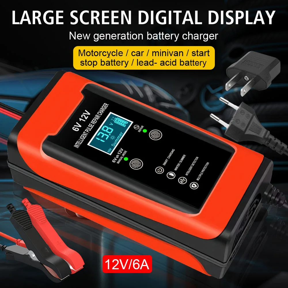 

90W 6A 12V Motorcycle Battery Chargers Intelligent Pulse Repair Storage Cell Maintance Vehicles Battery Charger Boat Accessories