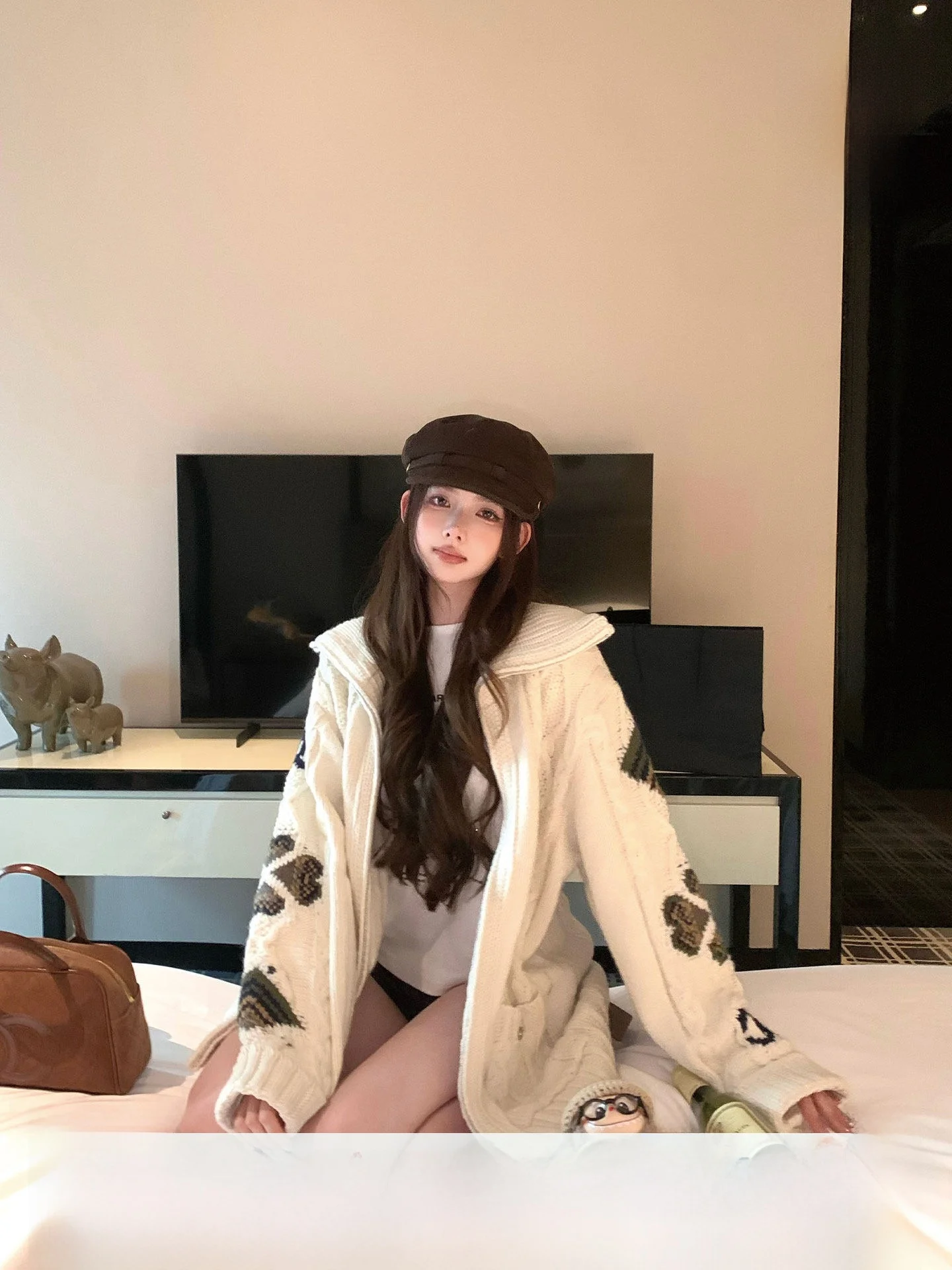 

Okaaay American Retro Knitted Open Cardigan Loose Casual Twist Flower All-Match Slimming Outerwear for Women Autumn Winter