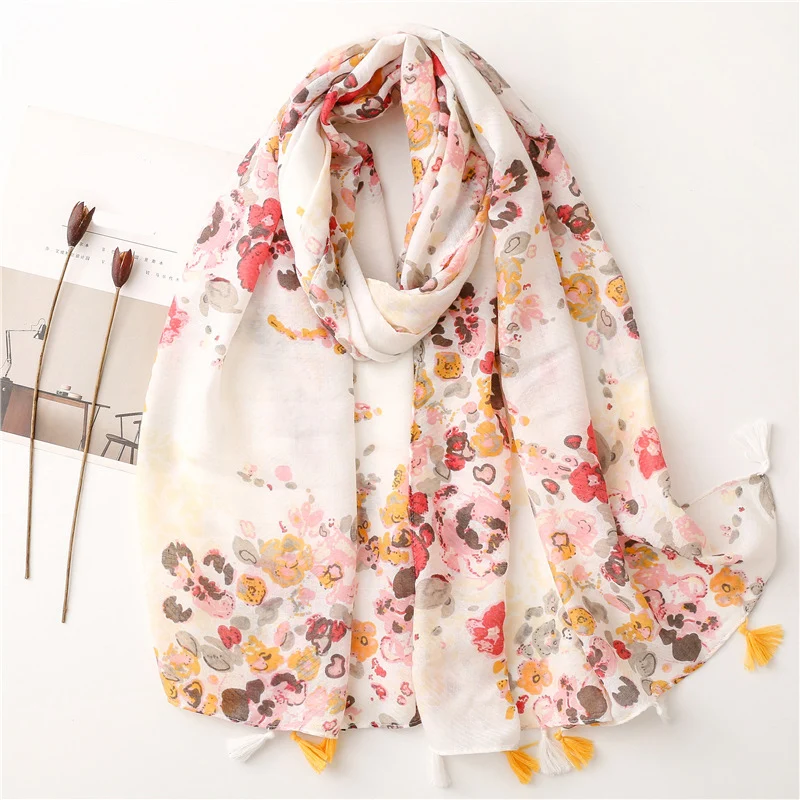 Spring scarf for women retro small fresh cotton linen feel scarf for women rice pink flower summer sun protection shawl scarf