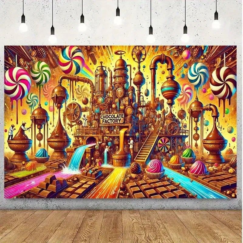 Una tela de fondo de exploración de fábrica de chocolate, adecuada para decoración del hogar y decoración de pancarta de fiesta