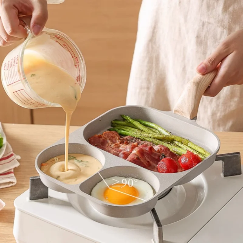 Portable Three-hole Non-stick Frying Pan Aluminum Non-stick Egg Square Handheld Non-stick Frying Pan Steak Frying Pan