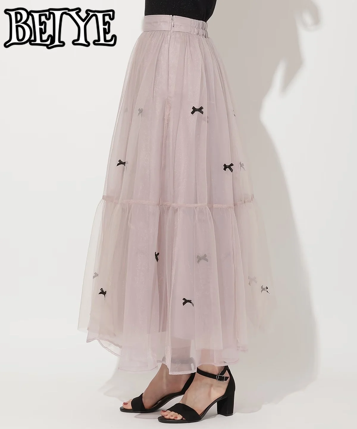 일본 니치 디자인 리본 메쉬 얀 사이드 지퍼 스커트 봄 가을 신상 스윗 큐트 걸즈 하이웨이스트 다용도 롱 스커트