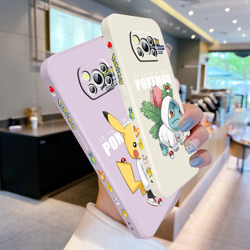 Pokemon Bulbasaur Pikachu Liquid Left Rope For Xiaomi Mi Poco X5 X4 X3 M6 M5 M5S M4 M3 F5 F4 F3 C55 C40 Pro 5G Back Phone Case