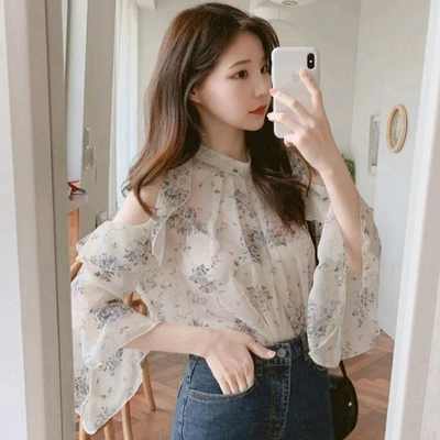 

Floral Print Chiffon irt Women's Summer New Sle Faionable Vintage ort Sve oulder Bared T-irt Commute Sle rou...