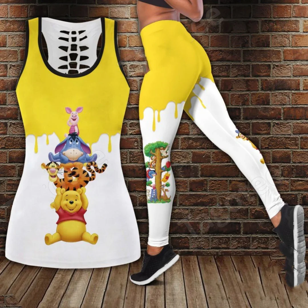 2024 Winnie the Pooh Women's Hollow Tanktop Leggings Yoga Set Summer Fitness Leggings Tracksuit Disney Tank Top Leggings Set