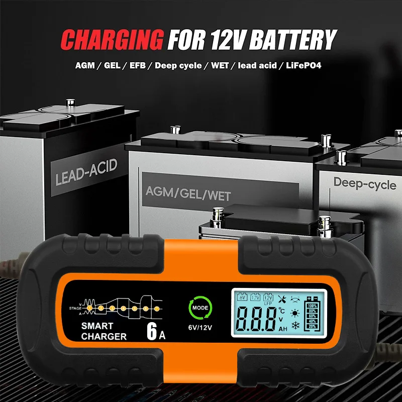 

6v12v Car Battery Motorcycle Pulse Repair LCD Display Smart Fast Charge AGM STD Deep Cycle GEL Lead-Acid Lithium LFP 6A Charger