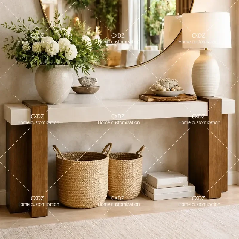 Medieval Solid Wood Entrance Platform Rectangular Light Luxury Marble Console Table for Living Room Entryway End View Display