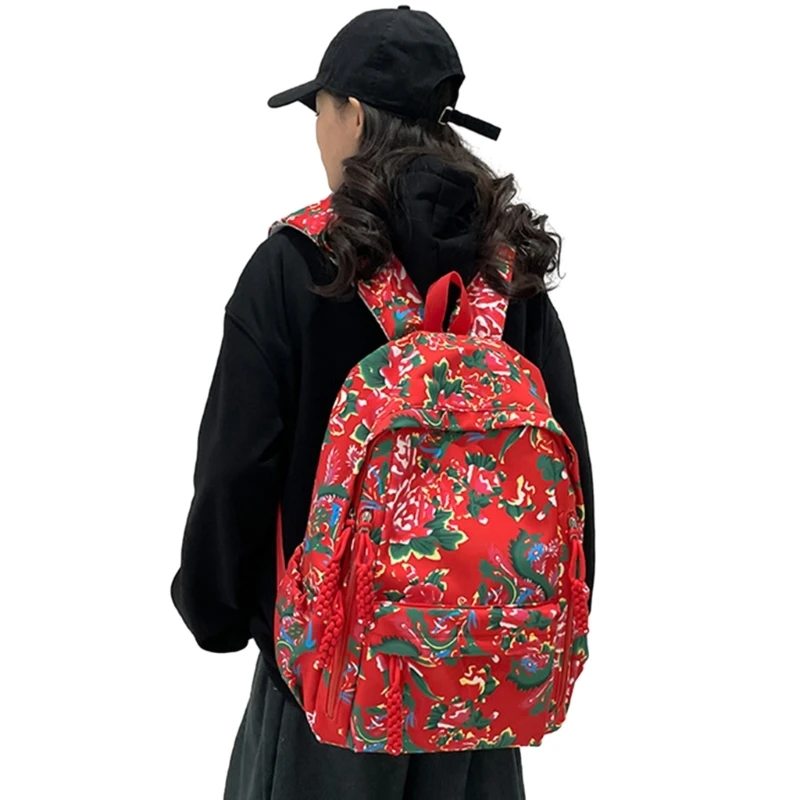 Mochila estilo chino, bolso escolar con estampado flores grandes capacidad