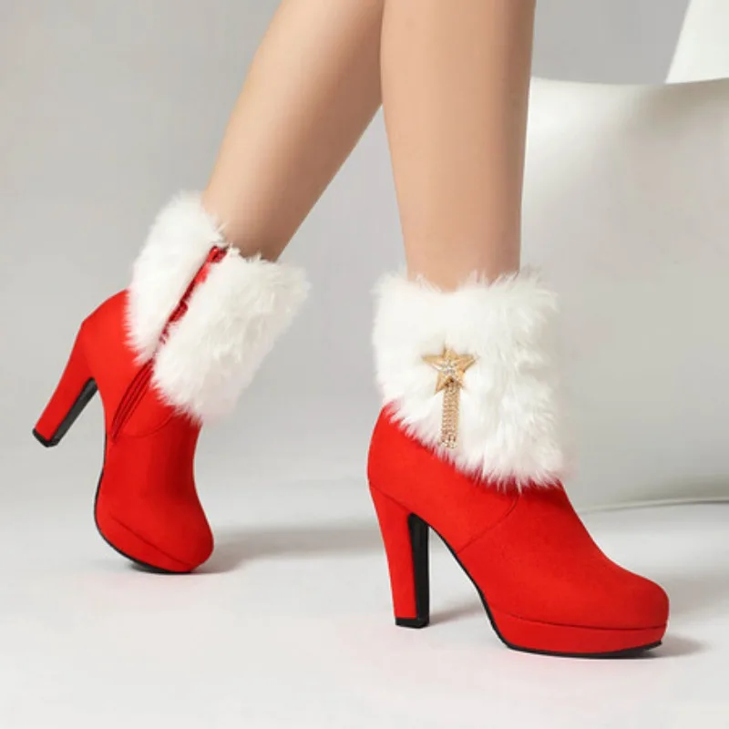 Artificial Leather Ankle Boots Five Pointed Star Metal Tassel Plush Side Zipper Red Suede New Year's Winter Women's Shoes 34-43